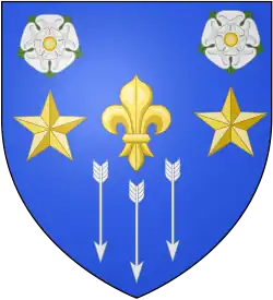 A fleur-de-lys between two mullets in fess