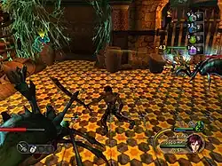 A human and an anthropoid animal character fight a group of spider-like monsters in a darkened room.