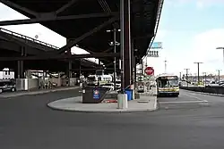 A two-level busway under an urban highway viaduct