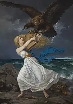 In the painting Attack by Edvard Isto, the double-headed eagle is tearing away the law book from the Finnish Maiden.