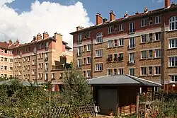 Buildings and family gardens.