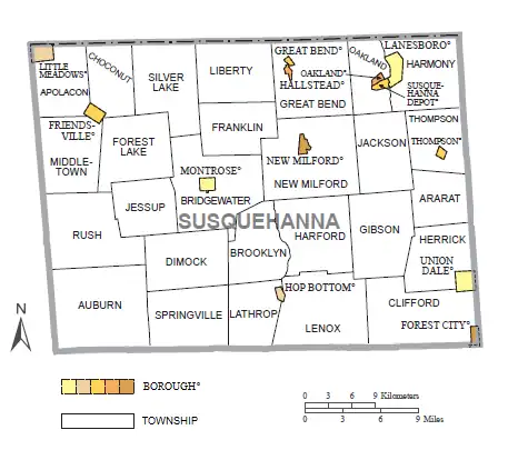 Political map of Susquehanna County, Pennsylvania, with townships and boroughs labeled. Townships are colored white and boroughs are colored various shades of orange.