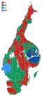 Cartogram of the map to the left with each municipality rescaled to the number of valid votes cast.