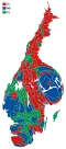 Cartogram of the map to the left with each municipality rescaled to the number of valid votes cast.