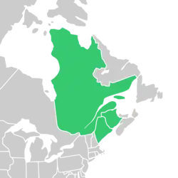 Symphyotrichum anticostense distribution shaded green: Canada – New Brunswick and Québec; US – Maine.