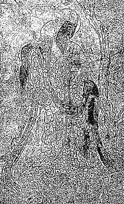 Woman wearing feather cloak. ―Torige ritusjo no byōbu, Panel 2. Nara Period. Painting with bird feathers.[ah]