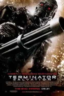 A skeleton-like machine with bright red eyes holds a gatling-style machine gun. Below are the credits, tagline, and title.