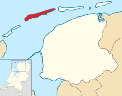 Highlighted position of Terschelling in a municipal map of Friesland
