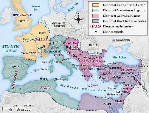 A map showing the division of the Roman empire c. 300