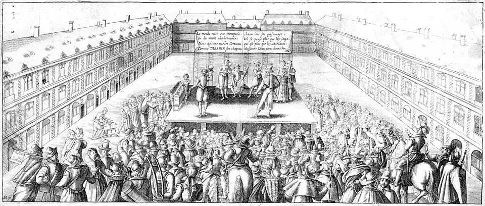 Tabarin's actors and musicians perform on Place Dauphine (17th century)