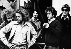 The Flying Burrito Brothers in July 1971. Left to right: Bernie Leadon, Sneaky Pete Kleinow, Rick Roberts, Chris Hillman and Michael Clarke.