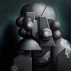 A cubist portrait of Gunna with muted blue and gray tones