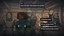 A character is being held by two others, as dialogue options on the right indicate what choices the player can make.