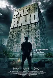 A tactical policeman looks up at an apartment complex, with the film's title plastered at the top of the building.