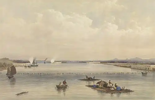 Attacking the batteries near the staked barrier above Whampoa Island