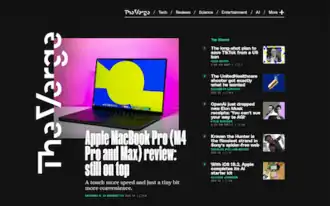 Screenshot of The Verge homepage showing an Apple Macbook Pro M4 as major story surrounded by five additional news stories on the right side, the background is black