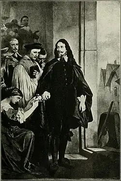 Lithograph illustration, a handsome English nobleman surrounded by followers