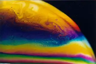Thin-film interference in a soap bubble. Colour varies with film thickness.