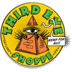 Yellow circular logo with "Third Eye Shoppe", "Portland", "OR", and "Hemp for All!" displayed at the edges; in the center is the Eye of Providence within a pyramid