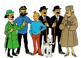 Tintin is standing in front of all of his friends