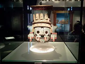 Tlāloc effigy vessel (Aztec); c. 1440–1469; painted earthenware; height: 35 cm; Templo Mayor Museum[72]