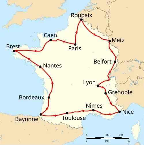 Map of France with the route of the 1908 Tour de France on it, showing that the race started in Paris, went clockwise through France and ended in Paris after fourteen stages.