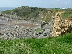 Rugged cliffs above a wave cut platform and views of the Bristol Channel