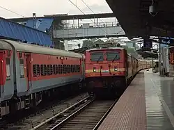 A red train, seen from the front