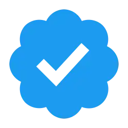 Blue eight-lobed badge with checkmark icon