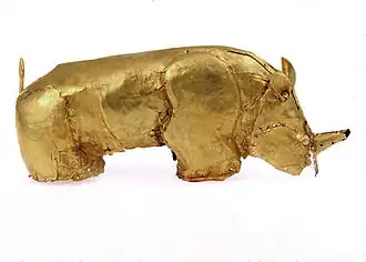 The Golden Rhinoceros of Mapungubwe; 1075–1220; discovered in 1932; Mapungubwe Collection (University of Pretoria Museums). This artifact is described as being "small enough to stand in the palm of your hand."[10][11]