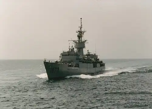 USS Robert E. Peary as seen from the starboard side of USS Truxtun circa 1991 in the Persian Gulf in support of Operation Desert Storm