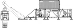 line drawing of an assembled system showing from left to right: The personnel transfer capsule with clump weight suspended from a launch and recovery gantry, The accommodation chambers with side access lock on the left side, and a container with support equipment and controls on top.