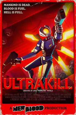 Movie poster-style video game cover, featuring a robot