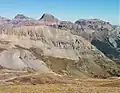 South aspect of United States Mountain seen from Imogene Pass. In back: Teakettle Mountain, Potosi Peak, and Whitehouse Mountain.