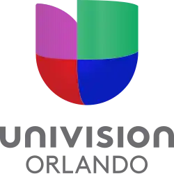 The Univision network logo, a 3D compilation of purple, red, green and blue elements that loosely form the letter U. Below it are the words "Univision" and "Orlando" in two lines in a gray sans serif, with the name "Univision" in unicase.