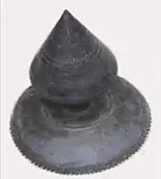 Upper metal part of an ancient Varun (Tupi) Japi known as Sula used during the rule of Sutiya kings kept in the Gharmora Satra.