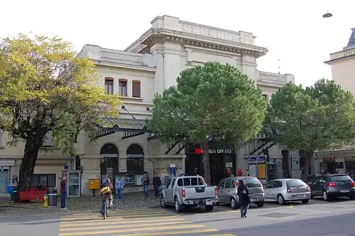 Three-story building fronting on the street