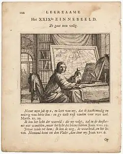 Image 47A portrait of a Dutch mapmaker looking up intently from his charts and holding a caliper, 1714. (from History of cartography)