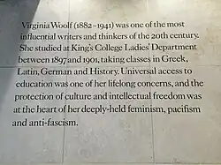 Plaque describing Virginia's time at King's College London, on the Virginia Woolf Building there