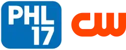 A blue rounded rectangle with white trim and the letters "P H L" and numeral "17" on two lines, right-aligned, next to the CW logo in the same blue