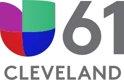 At left, the Univision logo, consisting of red, purple, green and blue blocks in the shape of a U. At right, a gray 61 in a sans serif. Below, the word Cleveland in all caps in gray.