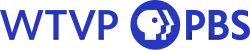 The blue letters WTVP in a thin sans serif next to the PBS network logo and the letters PBS in a bolder sans serif.