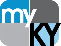 A rounded rectangle divided into blue and gray parts with the word "my" in white and a black "KY" in the lower right