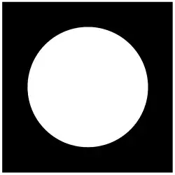 A white circle on a black square background