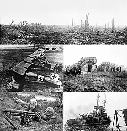 (Clockwise from the top) * The aftermath of shelling during the Battle of the Somme * Mark V tanks cross the Hindenburg Line * HMS Irresistible sinks after hitting a mine in the Dardanelles * A British Vickers machine gun crew wears gas masks during the Battle of the Somme * Albatros D.III fighters of Jagdstaffel 11