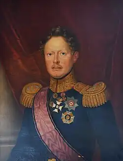 A portrait of William I early in his reign. He is dressed in an ornate military uniform, with a red sash.