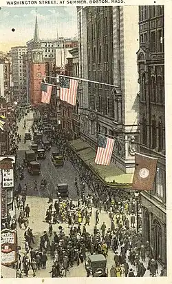Shoppers hurry around Filene's (center right) on Washington Street in Boston.