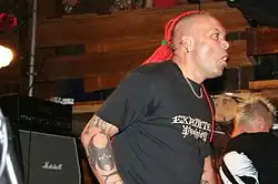 Wattie Buchan of the Scottish punk rock band The Exploited sporting a dreadhawk