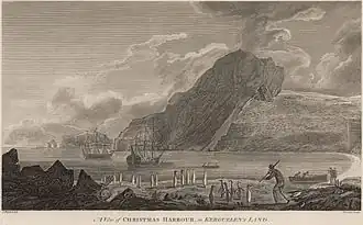 James Cook docking at Christmas Harbour in December 1776. Mont Havergal rises in the middle and the Kerguelen Arch is at left. (Engraving by John Webber, 1784)