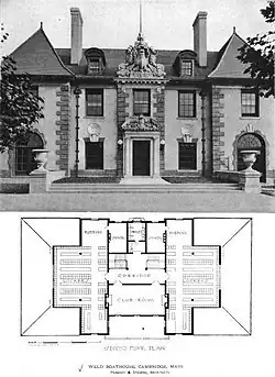 Front view with second-floor plan